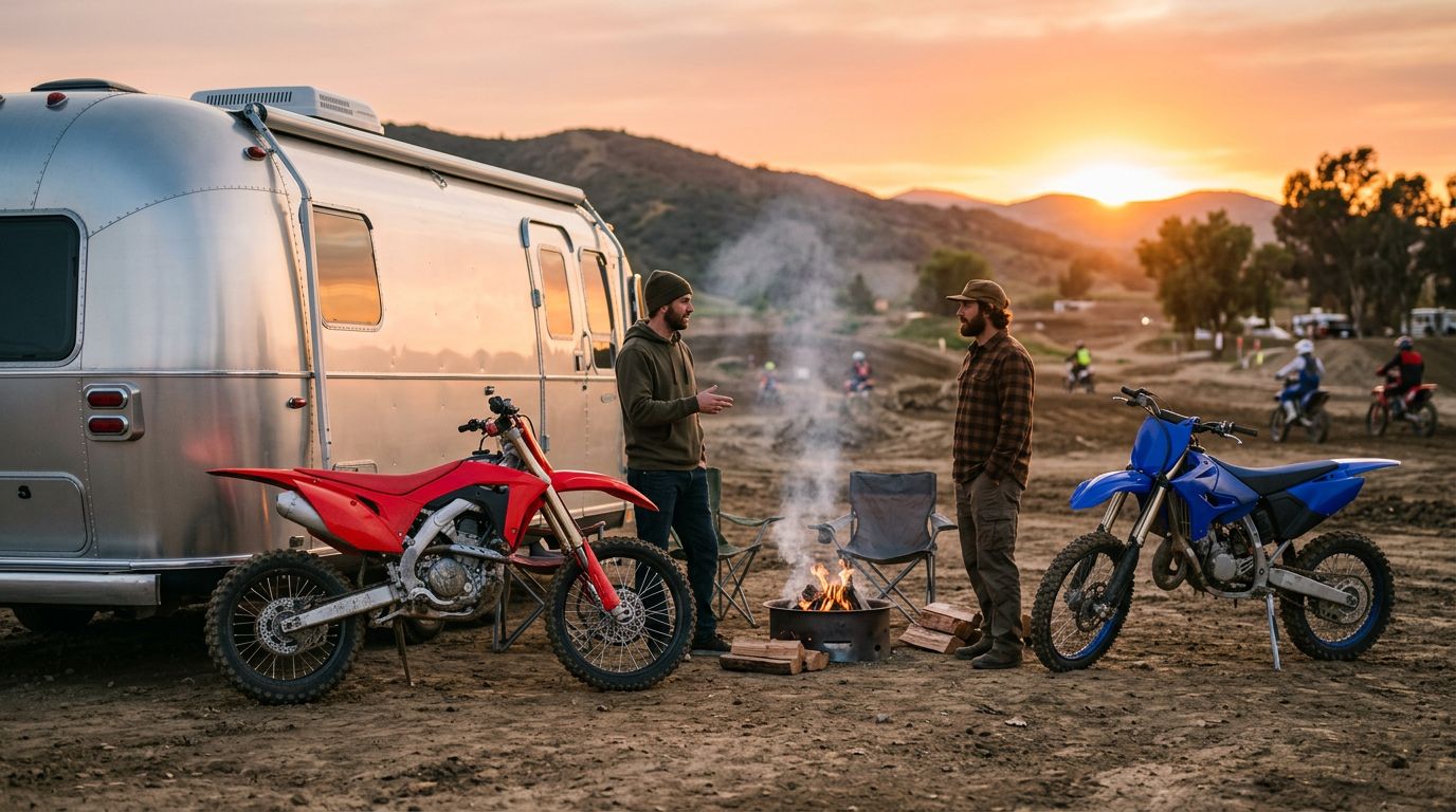 Riders by a campfire with dirt bikes at sunset — private events at Mesa Motocross Park