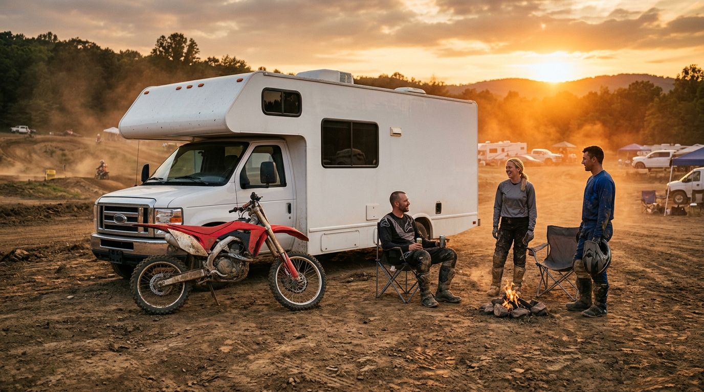 RV and dirt bike at sunset at Mesa Motocross Park campground